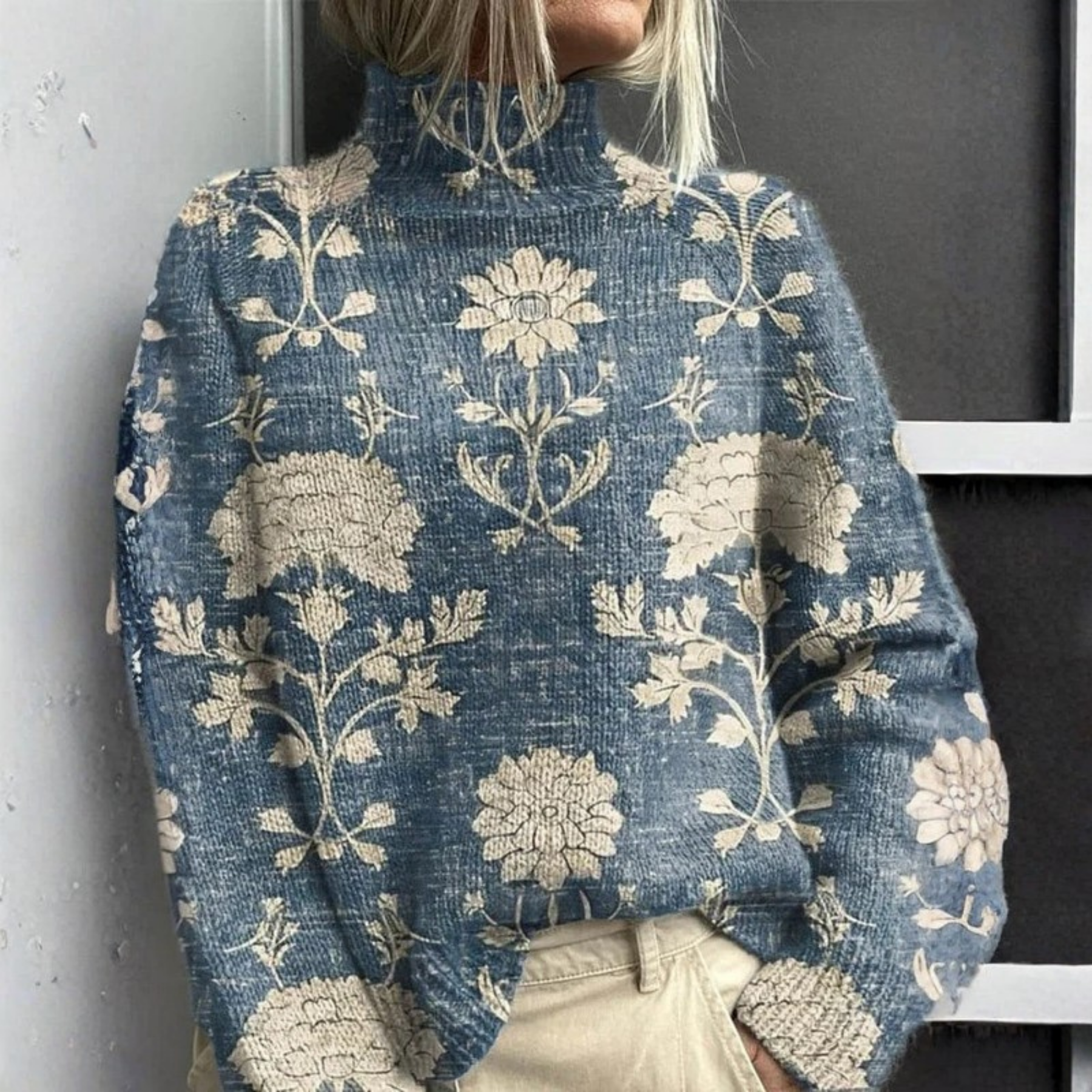 Olive | Vintage floral pattern turtleneck sweater