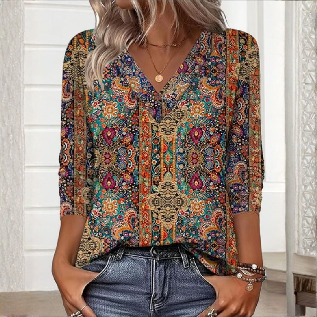 Macy | Retro Printed Blouse V-Neck