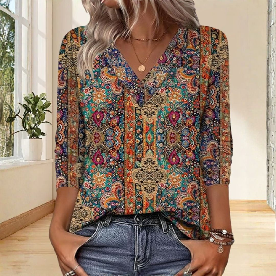 Macy | Retro Printed Blouse V-Neck