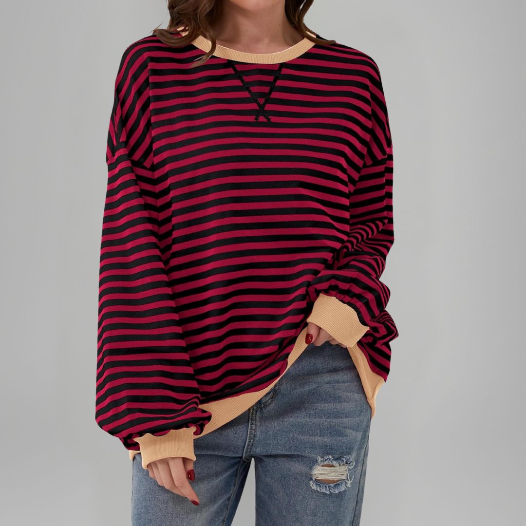 Mika - Casual Long Sleeve Round Neck Striped Sweatshirt