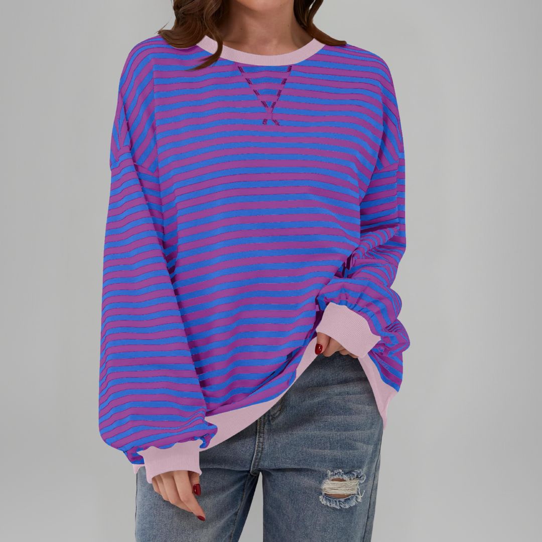 Mika - Casual Long Sleeve Round Neck Striped Sweatshirt