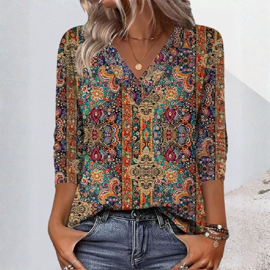 Macy | Retro Printed Blouse V-Neck