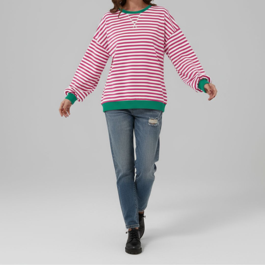 Mika - Casual Long Sleeve Round Neck Striped Sweatshirt