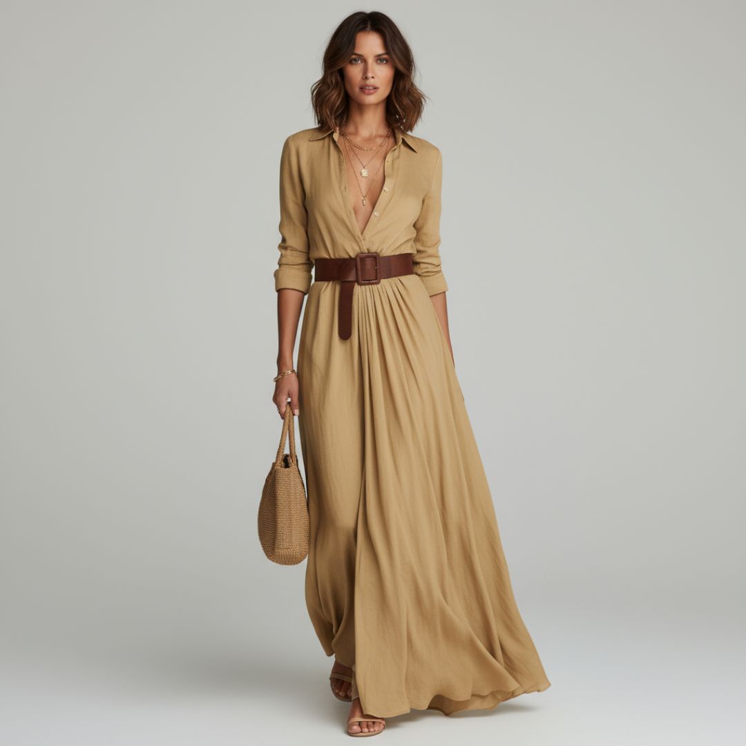 Ramona – Classic Long Dress with Waist Belt