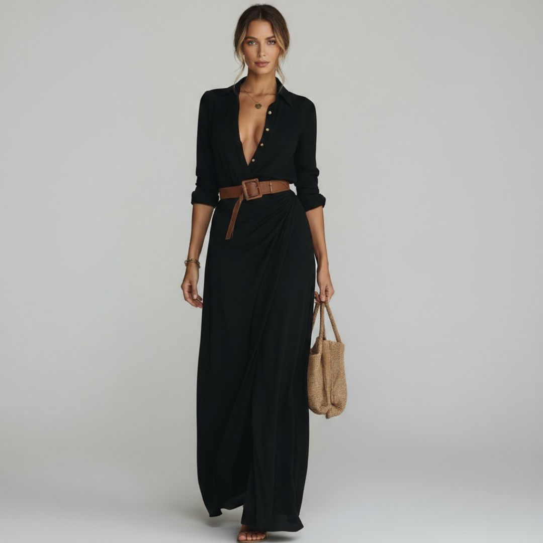 Ramona – Classic Long Dress with Waist Belt