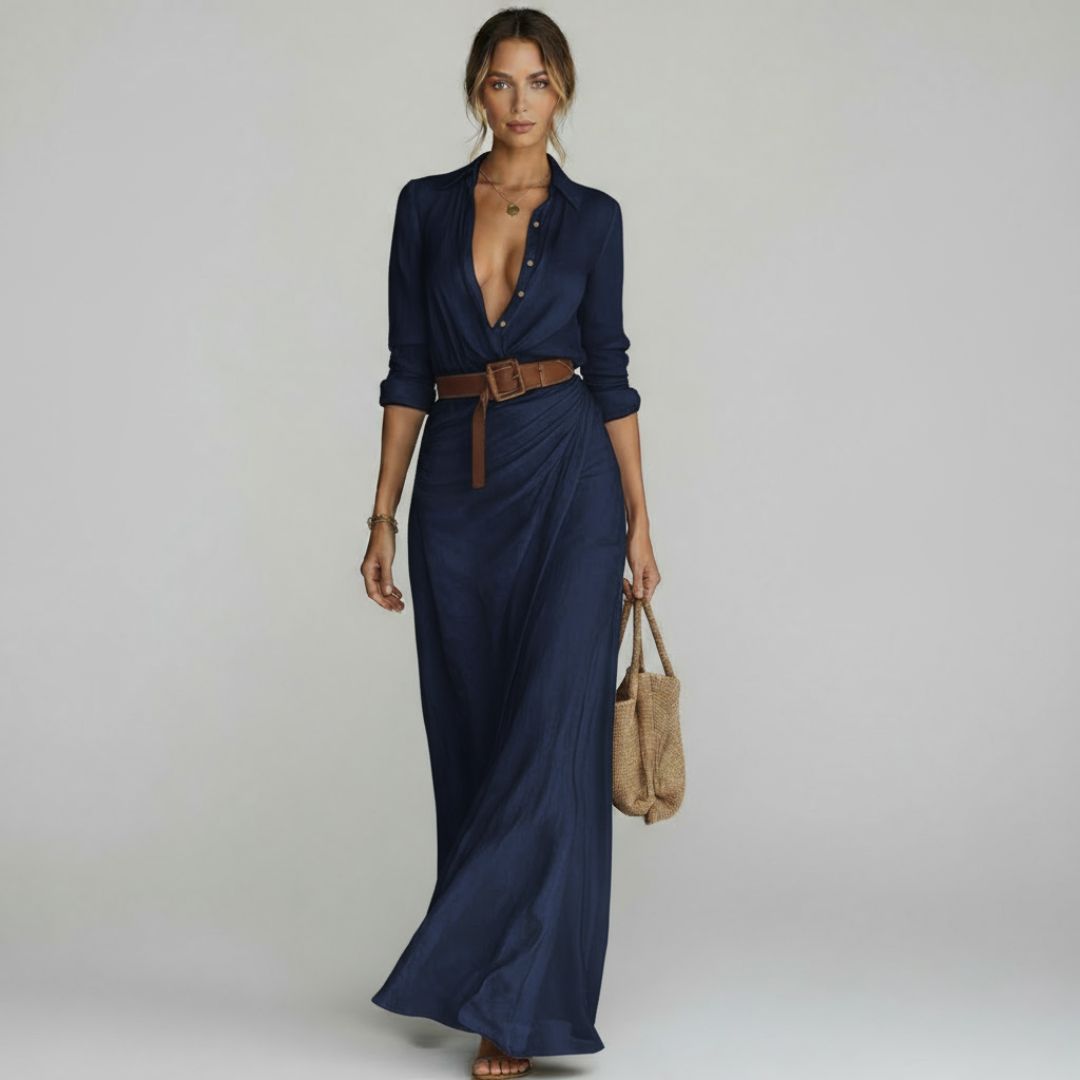 Ramona – Classic Long Dress with Waist Belt